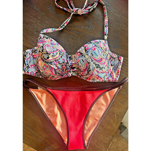 Victoria's Secret Paisley Push Up Halter Cheeky Bikini 34C/SMALL Bottoms BOGO